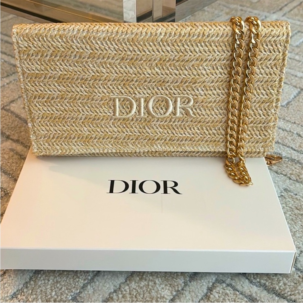 DIOR Tan Beige Woven Chain Bag raffia gold chain purse wristlet clutch LOGO